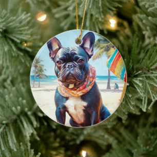 Ornamento De Cerâmica Buldogue francês na praia, presente de verão para