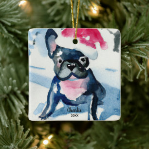 Ornamento De Cerâmica Buldogue Francês Vestindo Santa Hat, Nome Personal