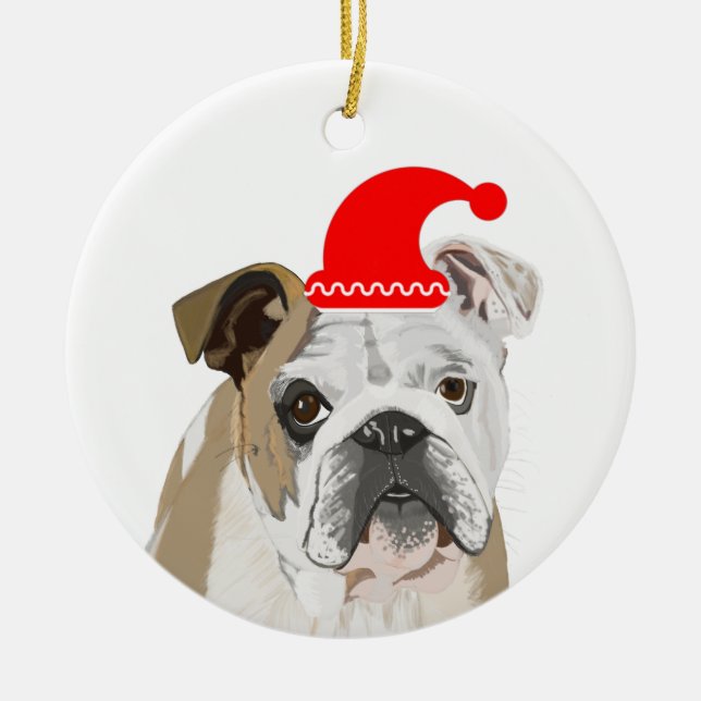 Ornamento De Cerâmica Buldogue Inglês Vestindo um Red Santa Hat (Frente)