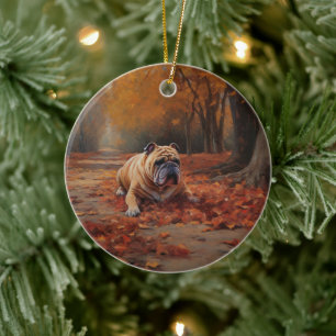 Ornamento De Cerâmica Buldogue no outono Folhas Caindo Inspire