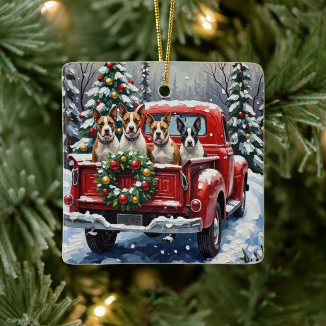 Ornamento De Cerâmica Bull Terrier Christmas Red Truck Holiday (Árvore)