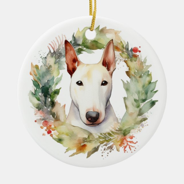 Ornamento De Cerâmica Bull Terrier Christmas Wreath Festivo Pup (Frente)
