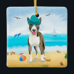 Ornamento De Cerâmica Bull Terrier Dog na praia<br><div class="desc">Um cachorro bonito sentado na praia é uma ideia perfeita para alguém que ama essa raça de cachorro.</div>