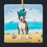 Ornamento De Cerâmica Bull Terrier Dog na praia<br><div class="desc">Um cachorro bonito sentado na praia é uma ideia perfeita para alguém que ama essa raça de cachorro.</div>