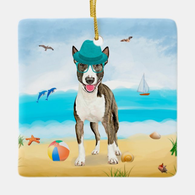 Ornamento De Cerâmica Bull Terrier no Beach (Frente)