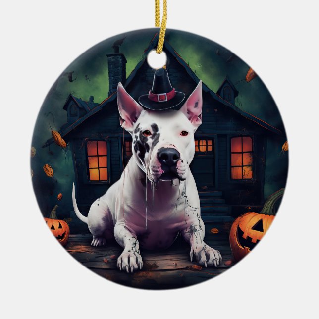 Ornamento De Cerâmica Bull Terrier Pumpkins Halloween Scary (Frente)