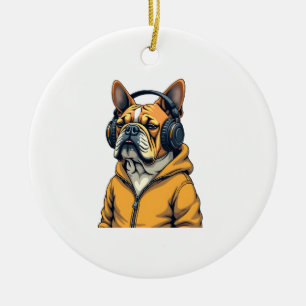 Ornamento De Cerâmica Bulldog Antigo de Headphones Vestindo Capuz Música