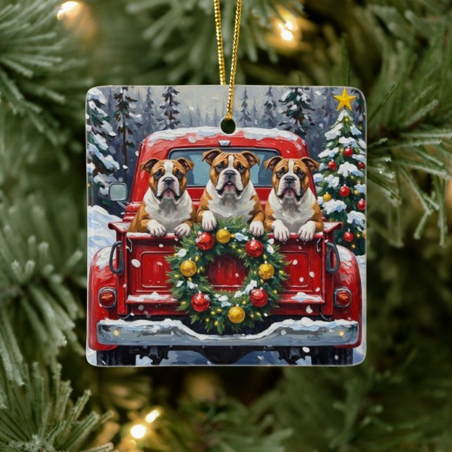 Ornamento De Cerâmica Bulldog Christmas Red Truck Holiday (Árvore)