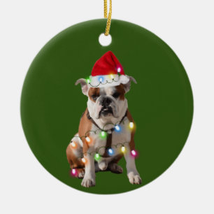 Ornamento De Cerâmica Bulldog Com Presente De Papai Noel De Natal