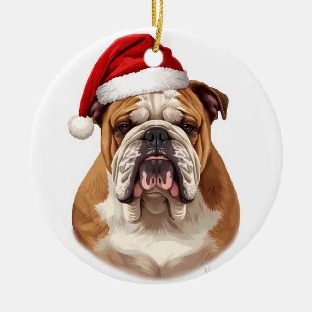 Ornamento De Cerâmica Bulldog Dog Santa Hat Merry Christmas Art (Frente)