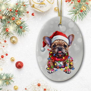 Ornamento De Cerâmica Bulldog Francês Embalado em Luzes de Natal