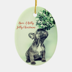 Ornamento De Cerâmica Bulldog Francês Holly Jolly Natal