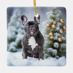 Ornamento De Cerâmica Bulldog francês na neve