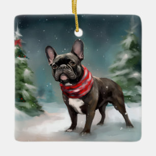 Ornamento De Cerâmica Bulldog Francês na Neve Natal