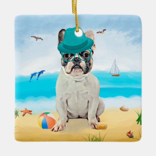 Ornamento De Cerâmica Bulldog francês na praia (Frente)