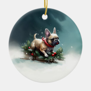 Ornamento De Cerâmica Bulldog Francês Natal neve inverno