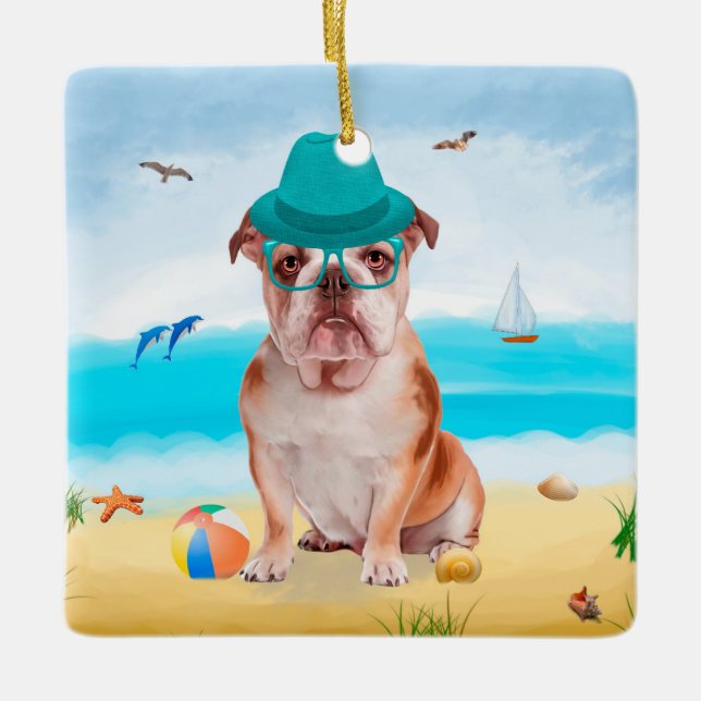 Ornamento De Cerâmica Bulldog Inglês na Praia (Frente)