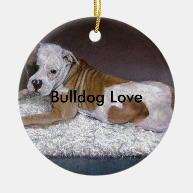 Ornamento De Cerâmica Bulldog Love. Pintura de Buldogue Americano (Frente)