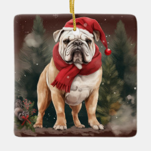 Ornamento De Cerâmica Bulldog na Neve Natal