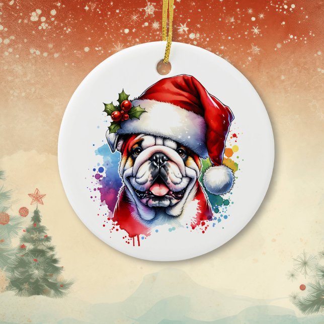 Ornamento De Cerâmica Bulldog no Natal Personalizado do Chapéu (Criador carregado)