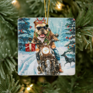 Ornamento De Cerâmica Bulldog Pilotando Moto Natal