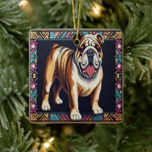 Ornamento De Cerâmica Bulldog Realista na moda com Um Quadro Colorido