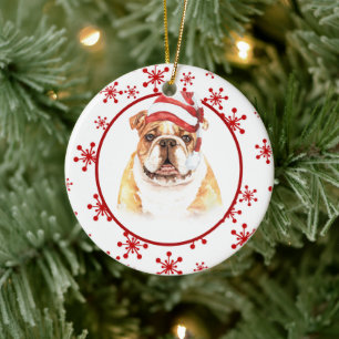 Ornamento De Cerâmica Bulldog Santa Hat Red Snowflake Natal