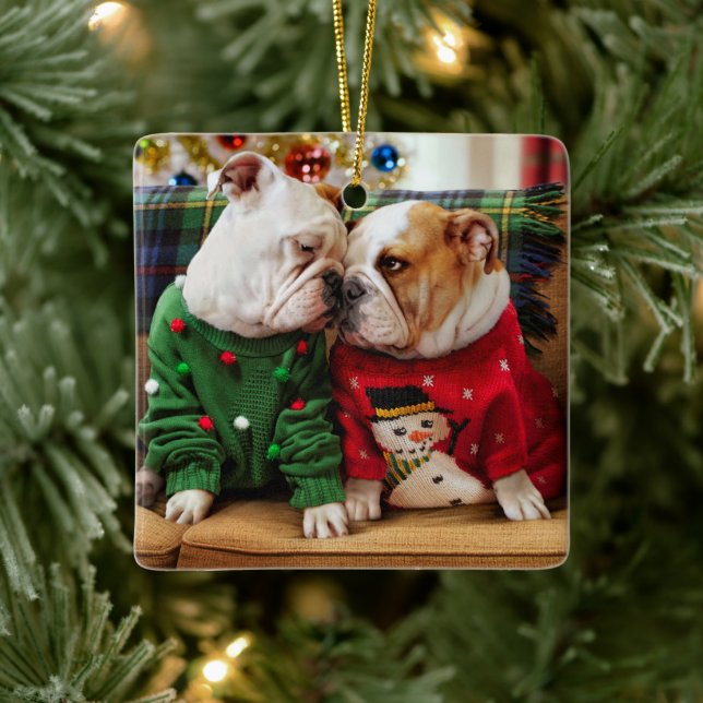 Ornamento De Cerâmica Bulldogs de Natal em Suéteres (Árvore)