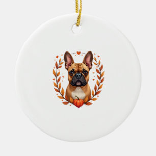Ornamento De Cerâmica Bulldogue Francês Vintage com Coroa de Folhas de O