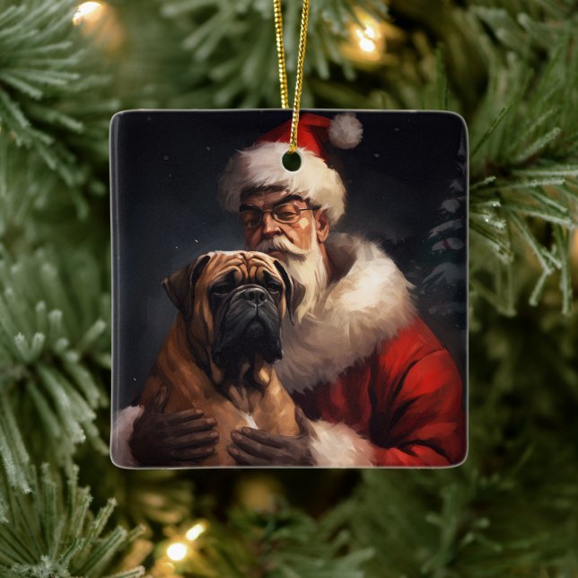Ornamento De Cerâmica Bullmastiff Com Papai Noel Natal Festivo (Árvore)