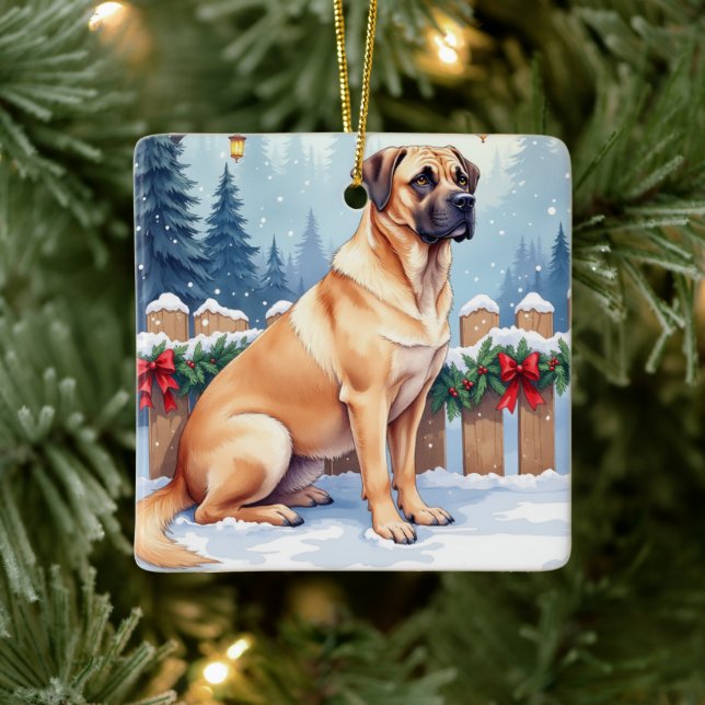 Ornamento De Cerâmica Bullmastiff Winter Forest Holly Christmas Art (Árvore)
