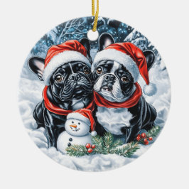 Ornamento De Cerâmica Bulls Franceses e Snowman Christmas