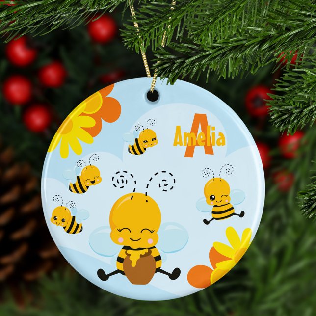 Ornamento De Cerâmica Bumble Bee Feliz e Flores no Natal (Criador carregado)
