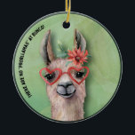 Ornamento De Cerâmica Bunco Funny Christmas Llama<br><div class="desc">Esta época de Natal trata seus amigos do Bunco para esta humorada design de lama. Lama bonita vestindo óculos em forma de coração e uma flor de cacto bonito. Engraçado Dizer "Não Há "Problema" Em Bunco.</div>