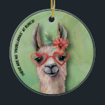 Ornamento De Cerâmica Bunco Funny Christmas Llama<br><div class="desc">Esta época de Natal trata seus amigos do Bunco para esta humorada design de lama. Lama bonita vestindo óculos em forma de coração e uma flor de cacto bonito. Engraçado Dizer "Não Há "Problema" Em Bunco.</div>