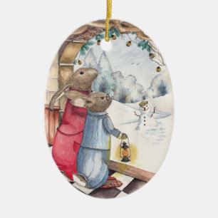 Ornamento De Cerâmica Bunnies de inverno