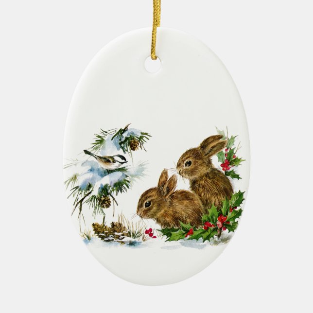 Ornamento De Cerâmica Bunnies de Natal (Frente)