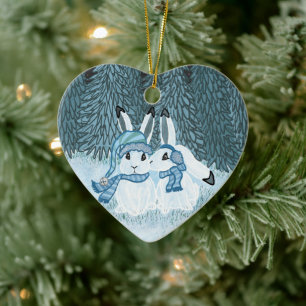 Ornamento De Cerâmica Bunnies de Neve