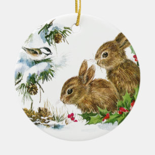 Ornamento De Cerâmica Bunnies e Bird Aproveitem a neve