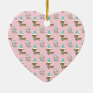Ornamento De Cerâmica Bunnies e Reindeer sobre Feriados Rosa Pálidos