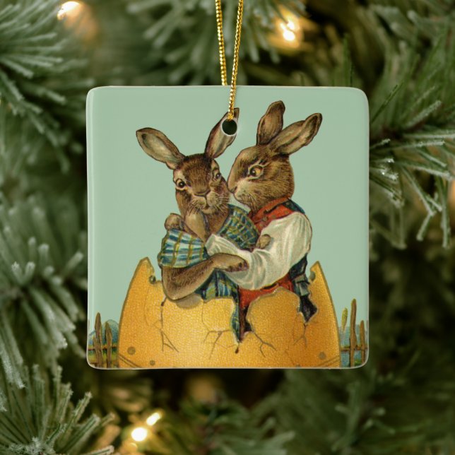 Ornamento De Cerâmica Bunnies em um Ovo Dourado, Páscoa vitoriana veneno (Árvore)