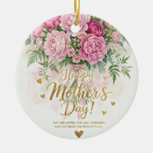 Ornamento De Cerâmica Buquê de Peônia Rosa Elegante Feliz Dia das Mães