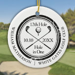 Ornamento De Cerâmica Buraco de Golfe em Um Retrovisor Personalizado<br><div class="desc">Apresentando um design clássico de efeito de carimbo envelhecido. Personalize o nome,  o número do buraco de localização e a data para criar uma vitória de golfe excelente para celebrar esse buraco fantástico em um só. Projetado por Thisnotme©</div>