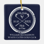 Ornamento De Cerâmica Buraco de Golfe Personalizado em Azul-Marinho Retr<br><div class="desc">Apresentando um design clássico de efeito de carimbo envelhecido. Personalize o nome,  o número do buraco de localização e a data para criar uma vitória de golfe excelente para celebrar esse buraco fantástico em um só. Projetado por Thisnotme©</div>