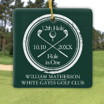 Ornamento De Cerâmica Buraco De Golfe Personalizado Em Um Verde Esmerald<br><div class="desc">Apresentando um design clássico de efeito de carimbo envelhecido. Personalize o nome,  o número do buraco de localização e a data para criar uma vitória de golfe excelente para celebrar esse buraco fantástico em um só. Projetado por Thisnotme©</div>