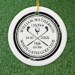 Ornamento De Cerâmica Buraco de Golfe Personalizado em Uma Fotografia<br><div class="desc">Apresentando um design clássico de efeito de carimbo envelhecido. Personalize o nome,  o número do buraco,  a data e a foto no reverso para criar uma vitória de golfe excelente para celebrar esse fantástico buraco-em-um. Projetado por Thisnotme©</div>