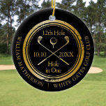 Ornamento De Cerâmica Buraco De Golfe Preto E Dourado Num Retrovisor Per<br><div class="desc">Apresentando um design clássico de efeito de carimbo envelhecido. Personalize o nome,  o número do buraco de localização e a data para criar uma vitória de golfe excelente para celebrar esse buraco fantástico em um só. Projetado por Thisnotme©</div>