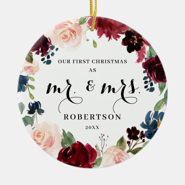 Ornamento De Cerâmica Burgundy Blush Marinho Floral Primeiro Natal (Frente)