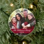 Ornamento De Cerâmica Burgundy De Natal De Foto Lado E Script 2<br><div class="desc">Ornamento de Fotos da Família Elegante de Na moda - 2 Fotos,  Frente e Traseira.Borgonha</div>