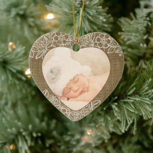 Ornamento De Cerâmica Burlap e Lace Baby Primeiro Natal